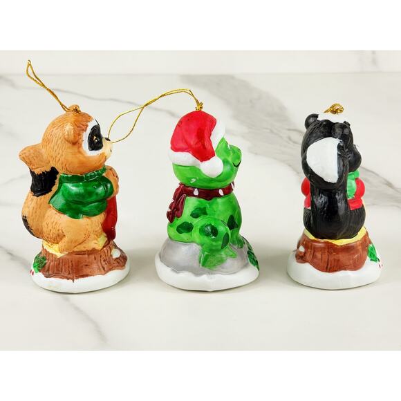 Christmas Bell Ornament Frog Racoon Skunk 3 1/4" Ceramic 1987 Taiwan x3 Holidays - Picture 9 of 15